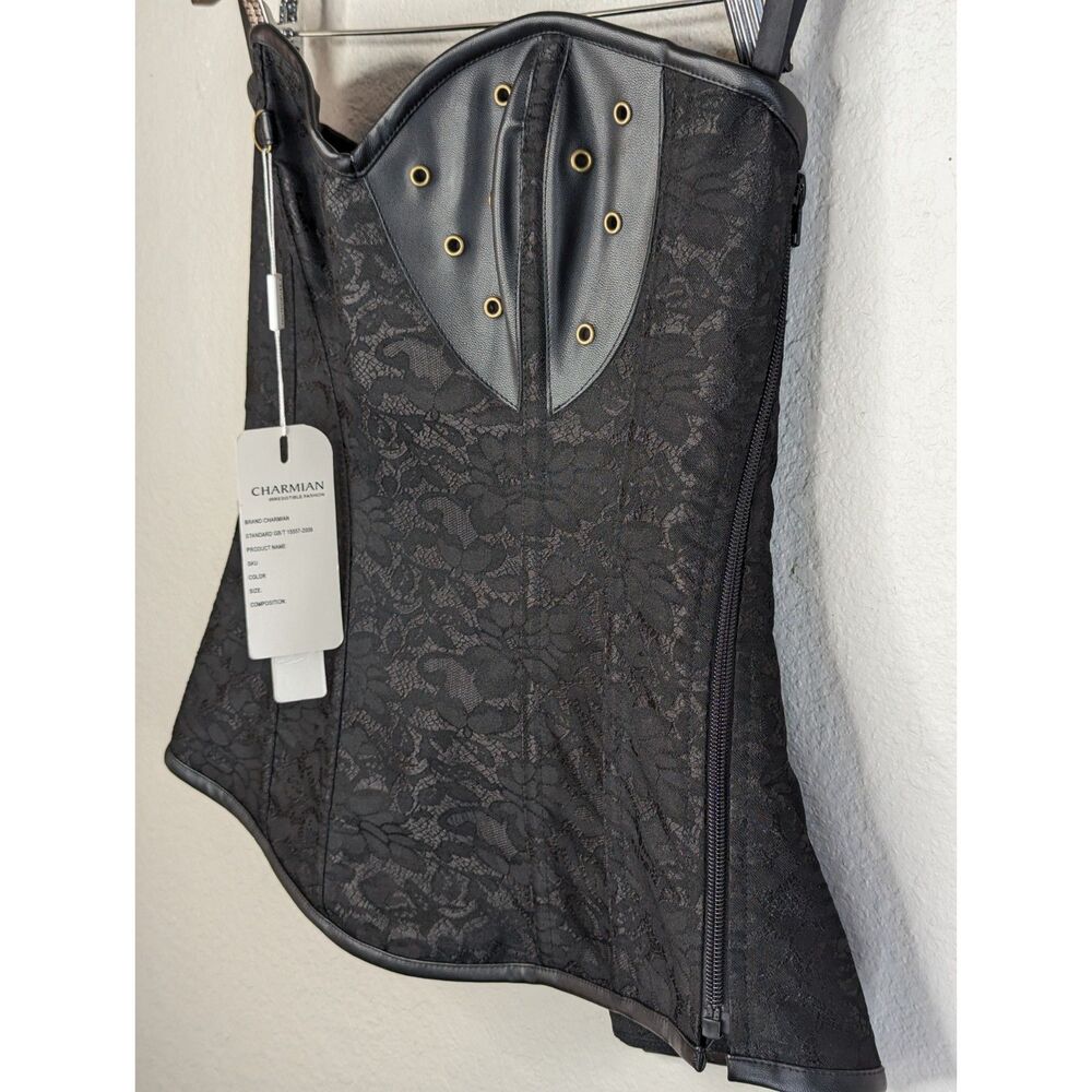 NWT Charmain Black Over Bust Gothic Steampunk Corset Sz L Lace Faux Leather Dark - Picture 9 of 9